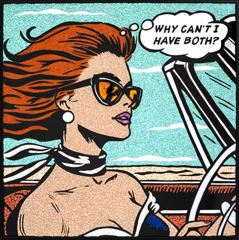 Woman with orange ginger hair flowing in wind driving in convertible vehicle steering wheel wearing sunglasses and scarf with thought bubble on blue sky background in retro comic style stained glass mosaic 