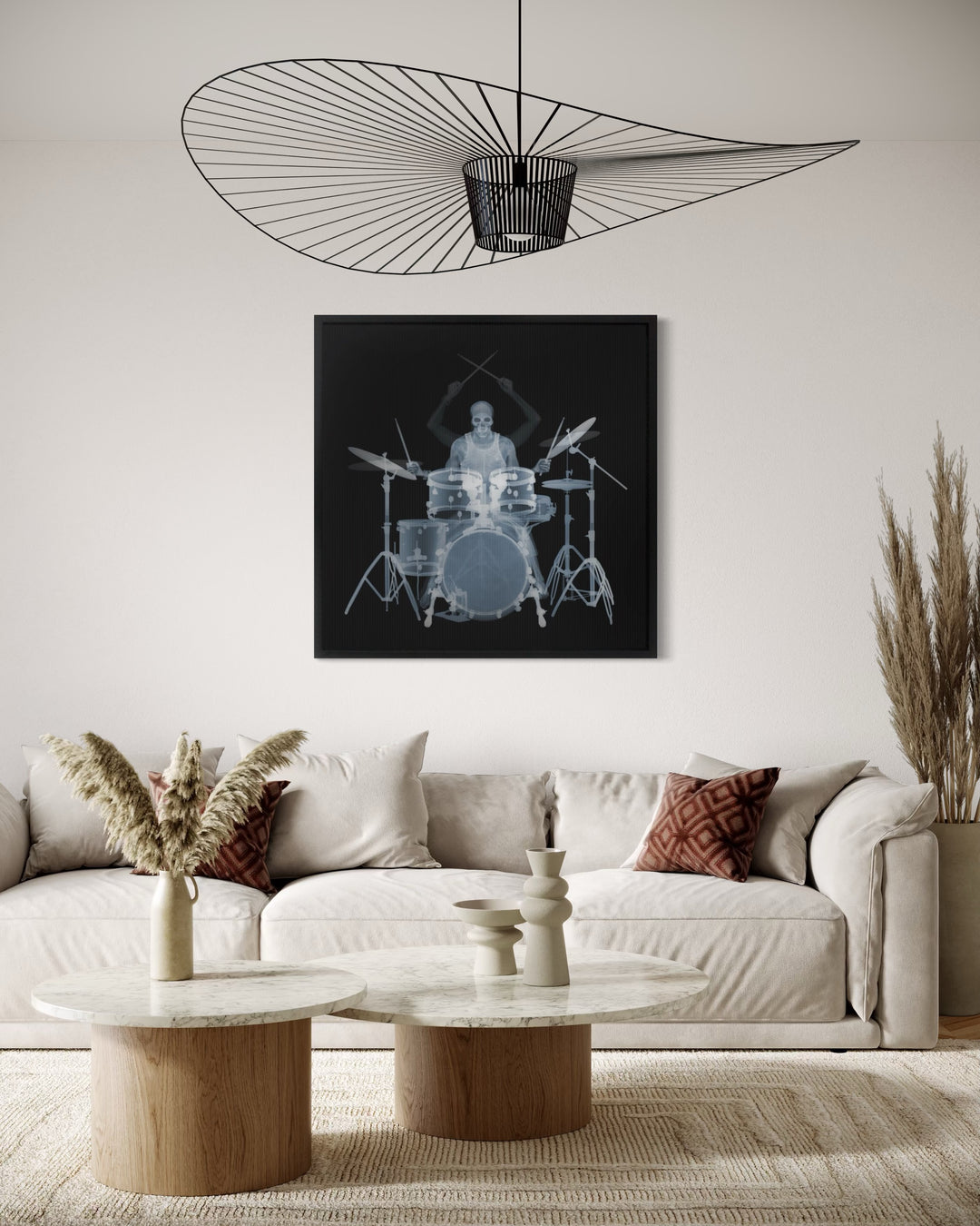 Framed Lenticular black and white x-ray photograph by Nick Veasey of a skeletal drummer 