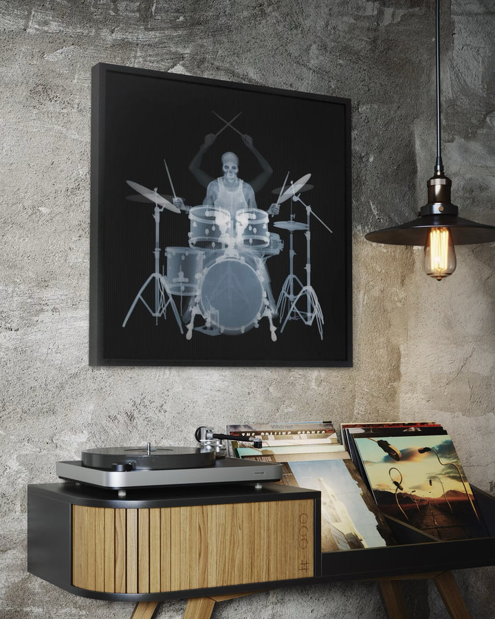 Framed Lenticular black and white x-ray photograph by Nick Veasey of a skeletal drummer 