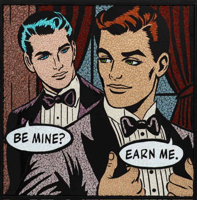 limited edition stain glass mosaic giclee print hand embellished with glitter  text bubble comic style retro vintage men in tuxedos flirting blue hair and red hair 