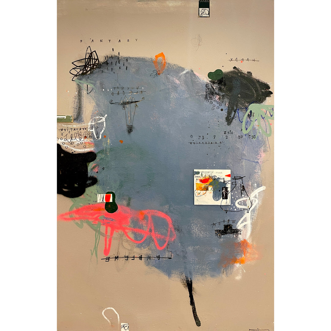blue green abstract paint with splotches of pink doodles and black lines with collage and drawings on grey background