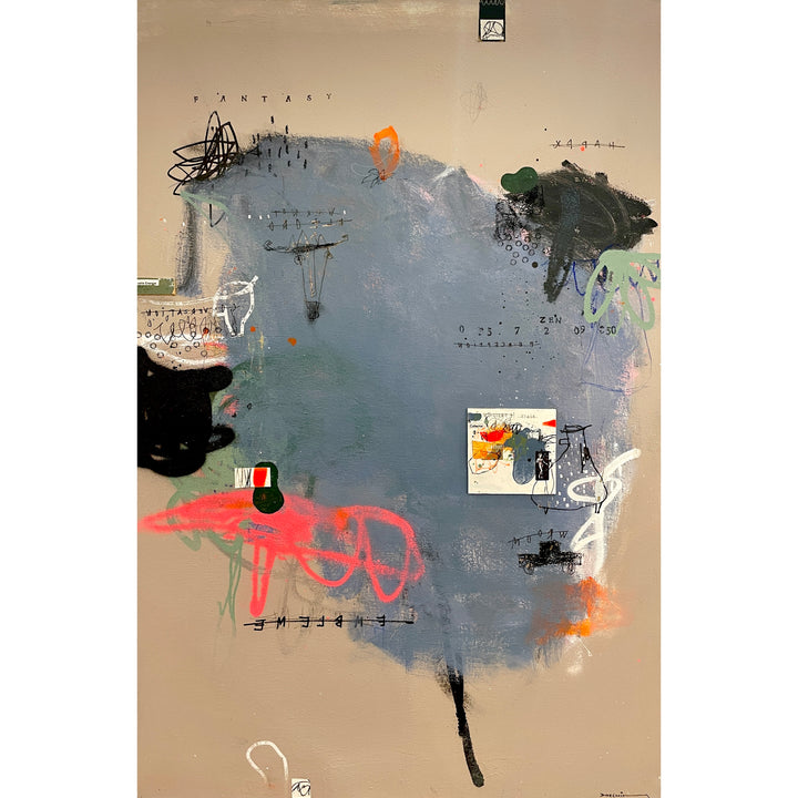 blue green abstract paint with splotches of pink doodles and black lines with collage and drawings on grey background
