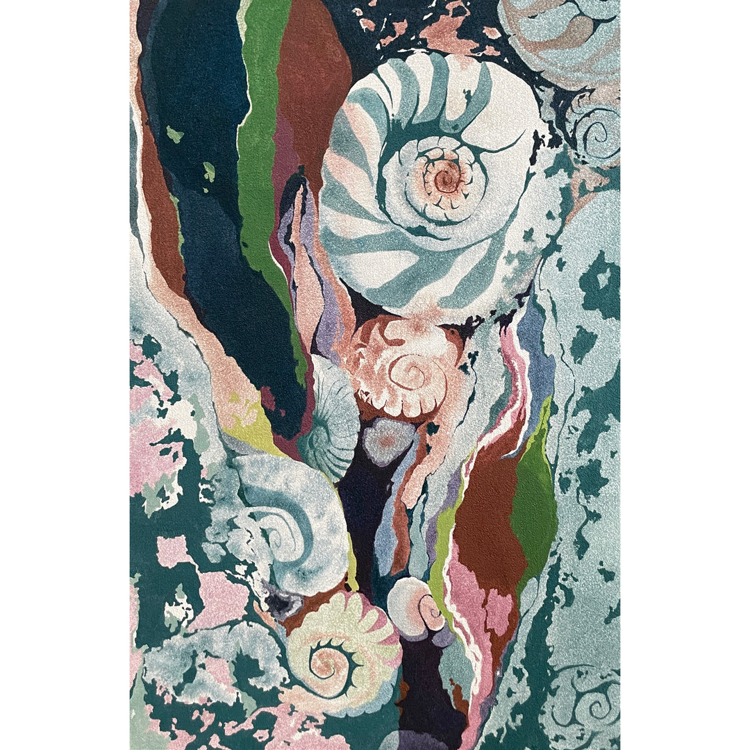 abstract color gradients and varying line weight fossils in blues green and purple swirls shells rocks on pumice primed canvas