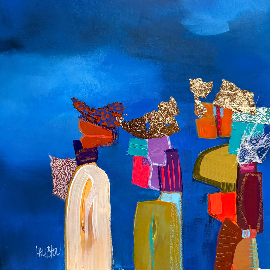 Lau Blou, Ecoutons nous, acrylic paint, fabric, and gold leaf on canvas, 10 x 10 inches. Three vertical figure-like forms in cream, olive, and red, each topped with stacked colored blocks and copper and gold leaf pieces, set against a deep blue background.