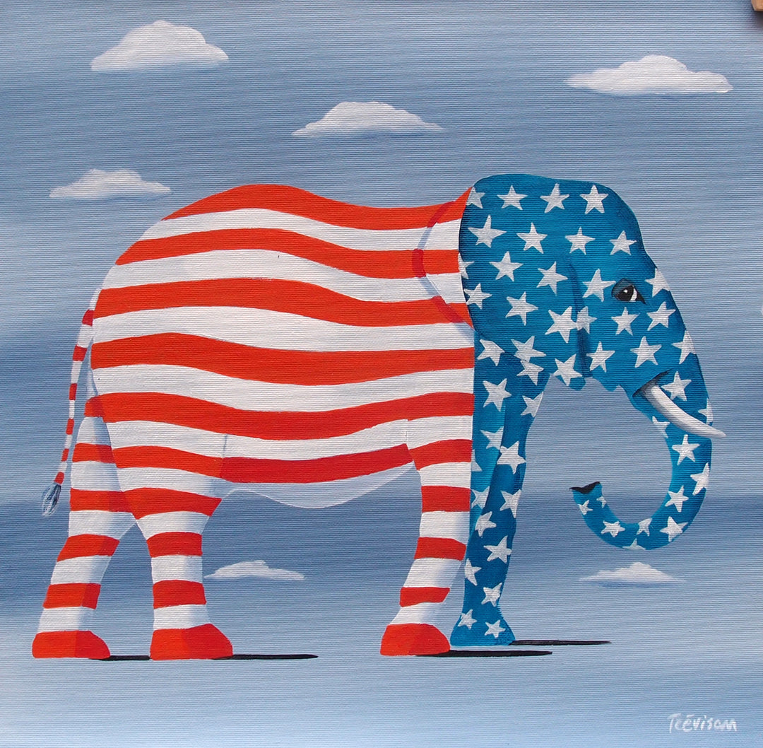 "Elephant in USA" by Italian artist Carlo Trevisan — a surrealist oil painting on canvas depicting a bold elephant whose body is painted in red and white stripes while its head and trunk bear the blue field of white stars of the American flag, set against a cloudy blue sky. The witty, graphic composition merges American patriotism with political symbolism. Original contemporary surrealist American pop art painting on canvas available at Morton Contemporary gallery.