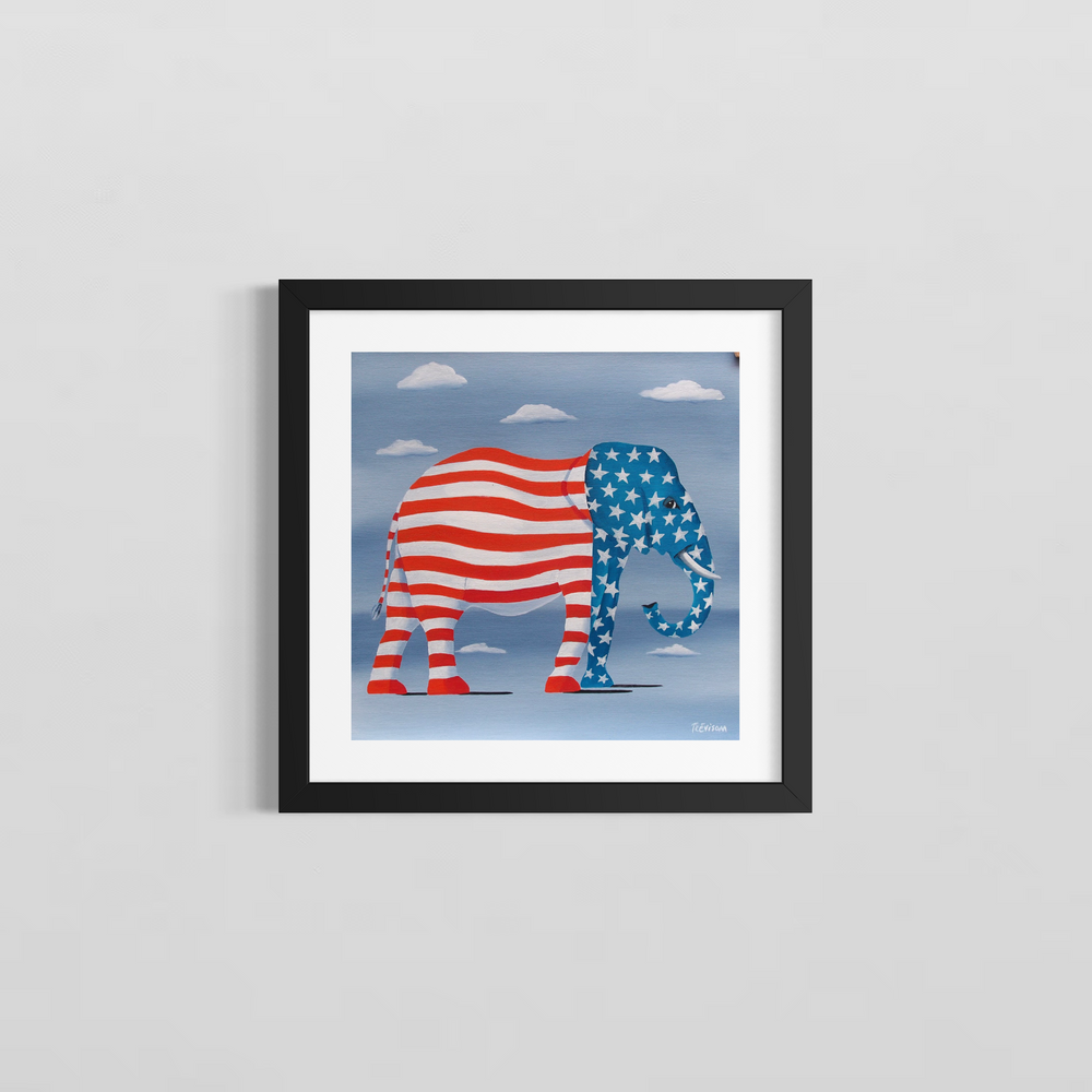 "Elephant in USA" by Italian artist Carlo Trevisan — a surrealist oil painting on canvas depicting a bold elephant whose body is painted in red and white stripes while its head and trunk bear the blue field of white stars of the American flag, set against a cloudy blue sky. The witty, graphic composition merges American patriotism with political symbolism. Original contemporary surrealist American pop art painting on canvas available at Morton Contemporary gallery.