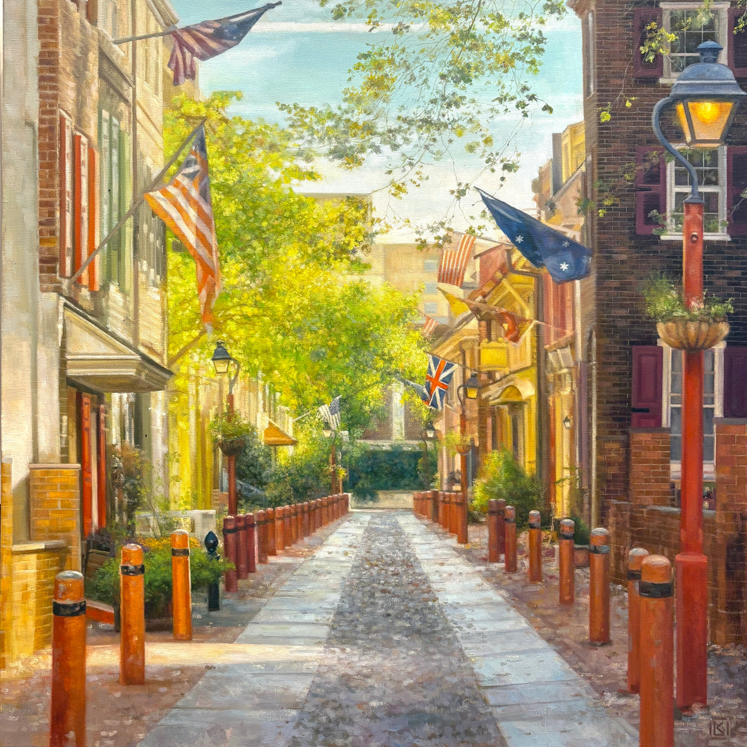 Elfreth's alley Philadelphia Pennsylvania cobble stone street country flags brick old buildings small street with lamps in realistic oil painting style
