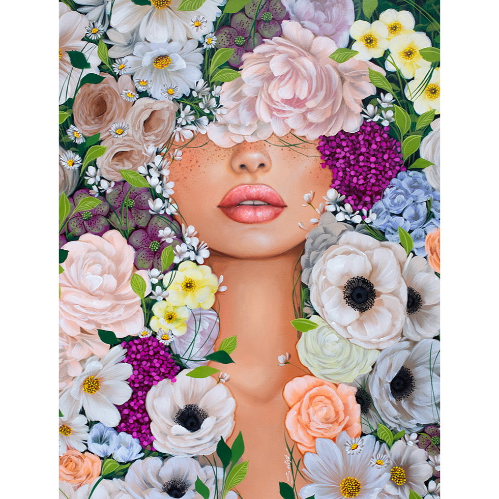 realism female portrait floral flowers leaves surrounding composition in acrylic on canvas