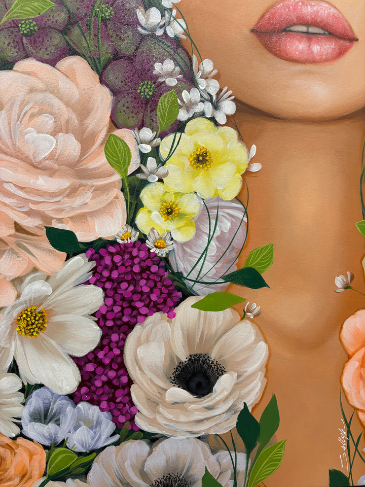 realism female portrait floral flowers leaves surrounding composition in acrylic on canvas