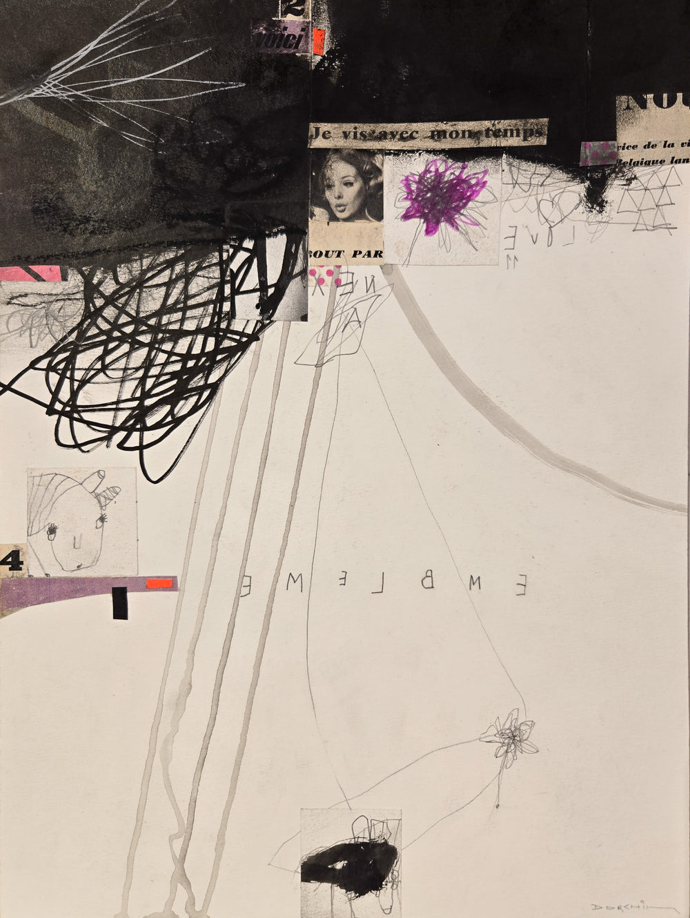 Abstract mixed media artwork on paper by Laurent Dorchin in black, purple and white. Organic linework and minimal illustrations with collage and text elements.