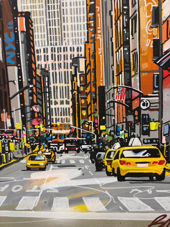Angled close-up detail of "Empire State of America" acrylic graffiti painting by Pappay, showing New York City yellow taxis and skyscrapers with an American flag