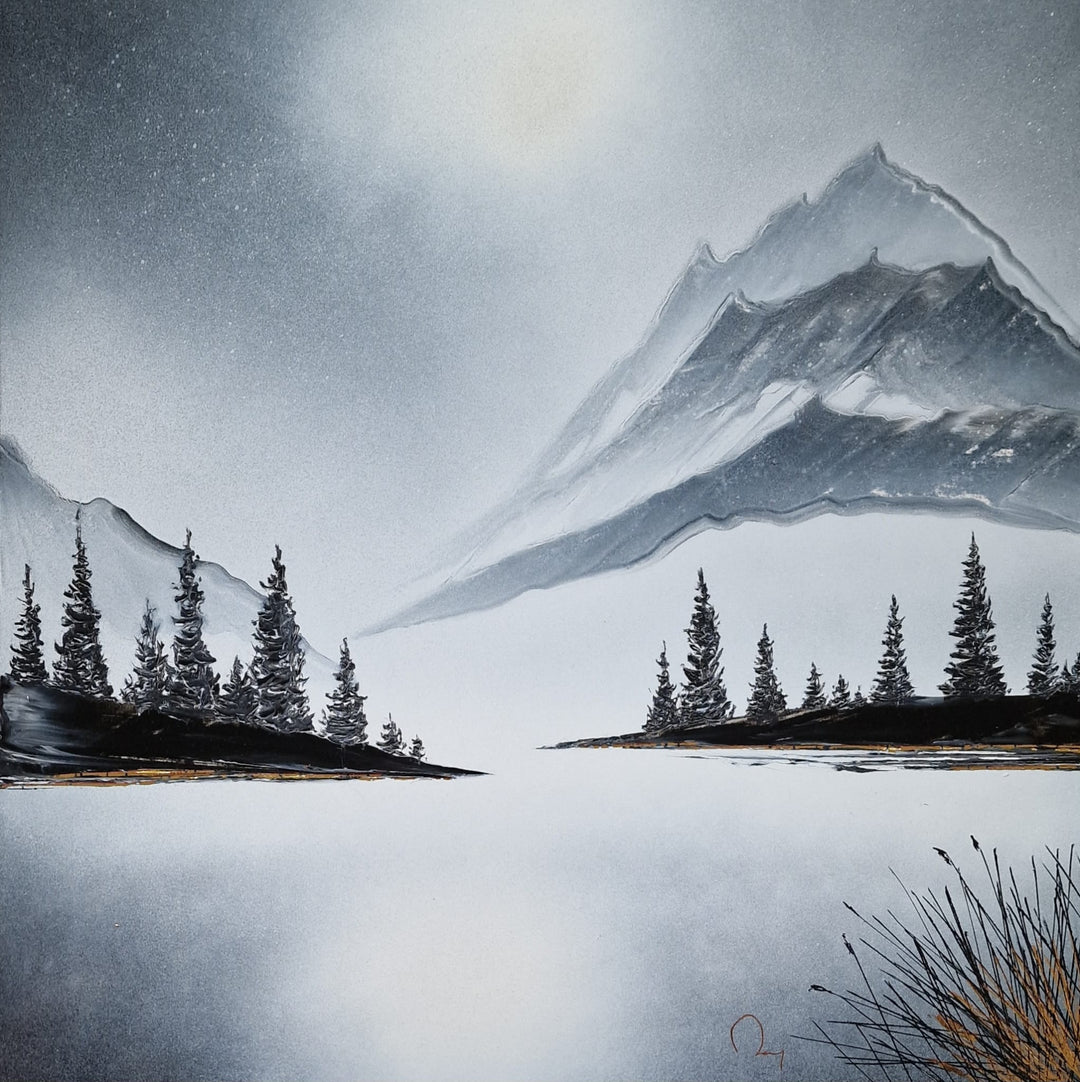 An abstract nature scene of a lake, trees, and mountains by Julien Rey. It is painted with black and white Chinese lacquer and gold leaf.