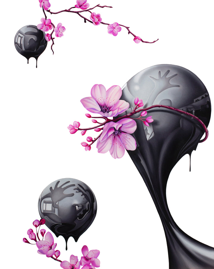 Hand drawn artwork done with pencil and marker, black, reflective drips made of an oil like substance, with pink cherry blossoms surrounding them, on a stark white background.
