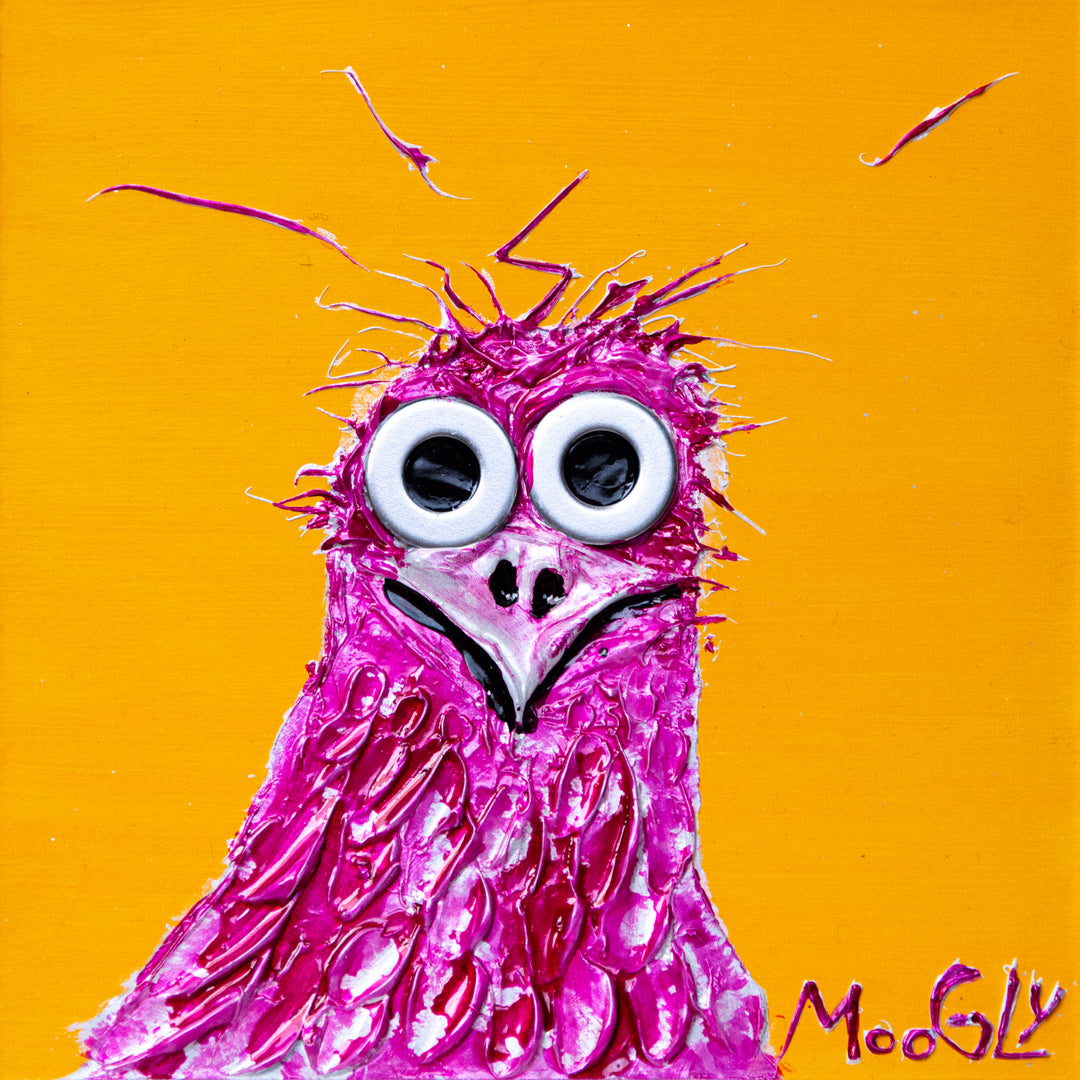 wide eyed pink bird with beak and feathers in acrylic and resin on orange background