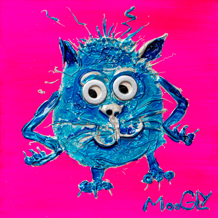 round blue creature with ears and whiskers big washer eyes resin and acrylic on pink background