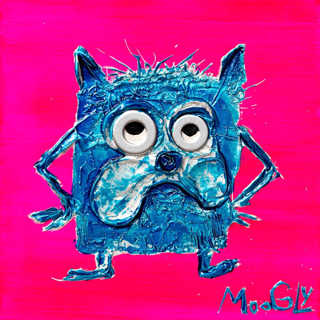 blue creature dog snout looking angry in resin and acrylic on pink background