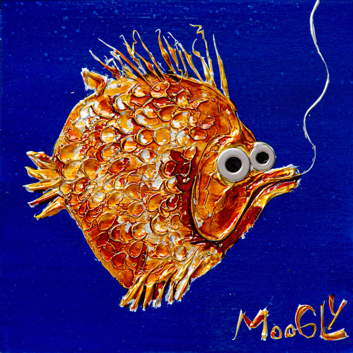 small orange yellow fish with big washer eyes on fishing line under water blue background