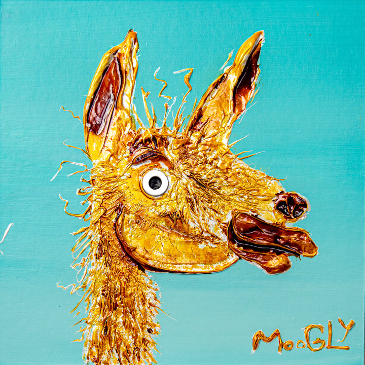 Acrylic 12" x 12" matted Free artwork by Moogly. Turquoise background with an animated gold llama poking his head up.