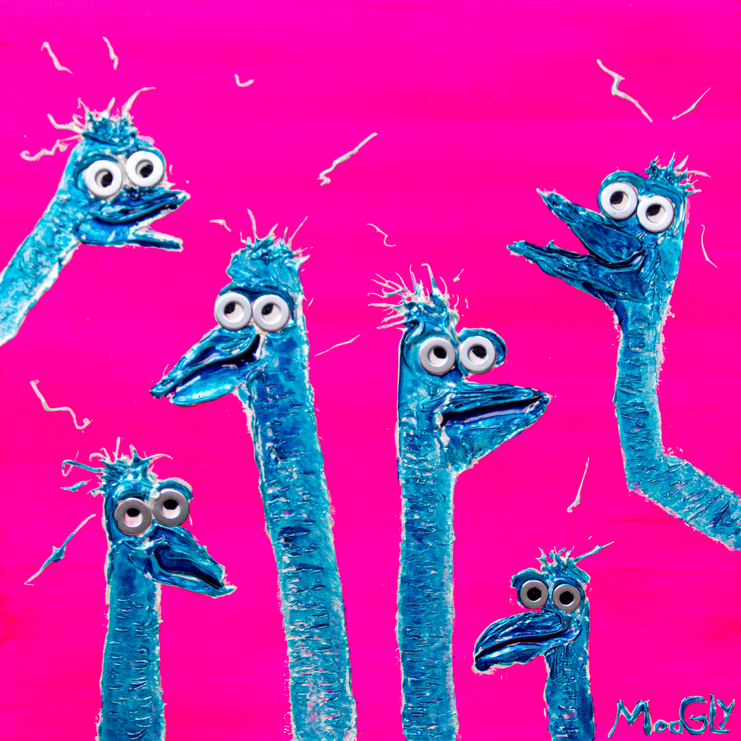 Six blue birds bright pink background silver washers resin 