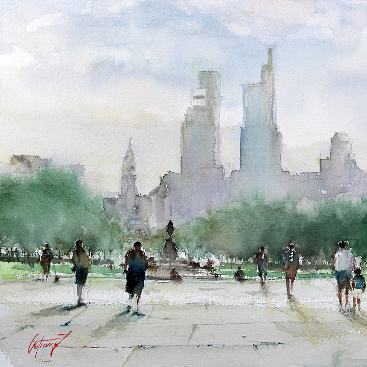 people walking on sidewalk with background of Philadelphia skyline skyscrapers in blue and green watercolor
