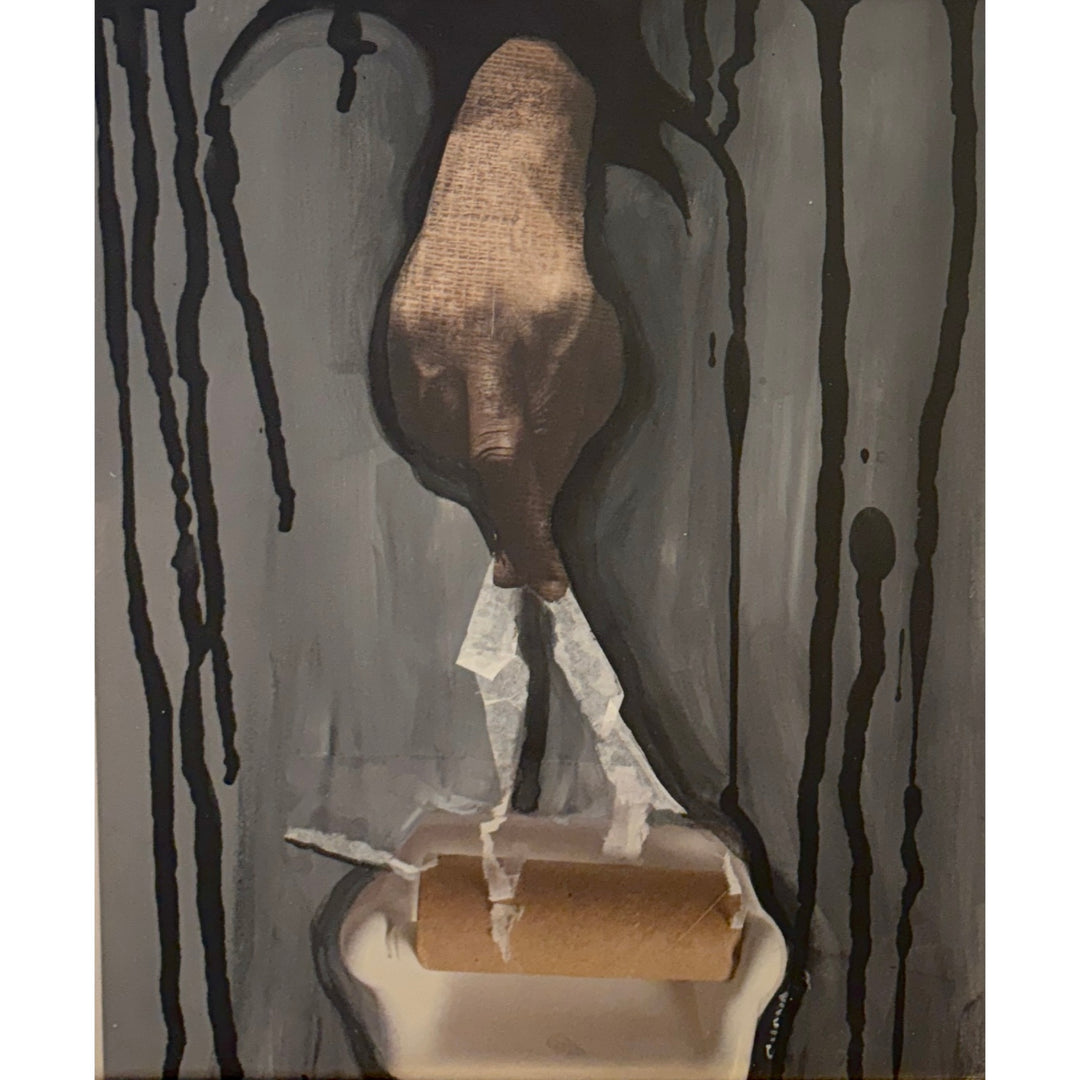 collage cut out of a hand grabbing toilet paper on a background of grey and black dripping paint