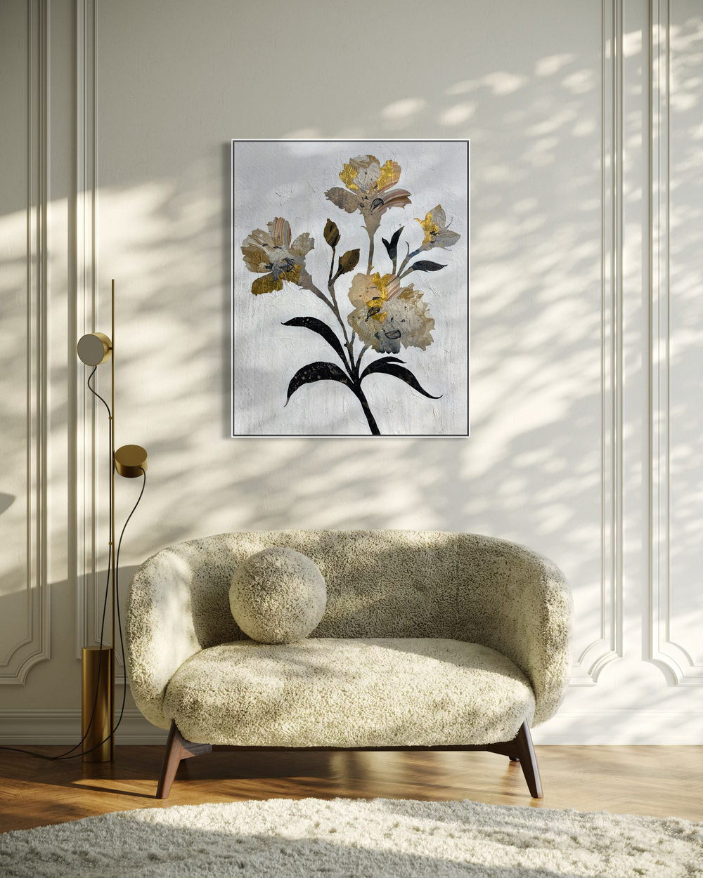 silhouette flower petals leaves in black and gold leave with abstract beige paint on textured white background mixed media collage painting