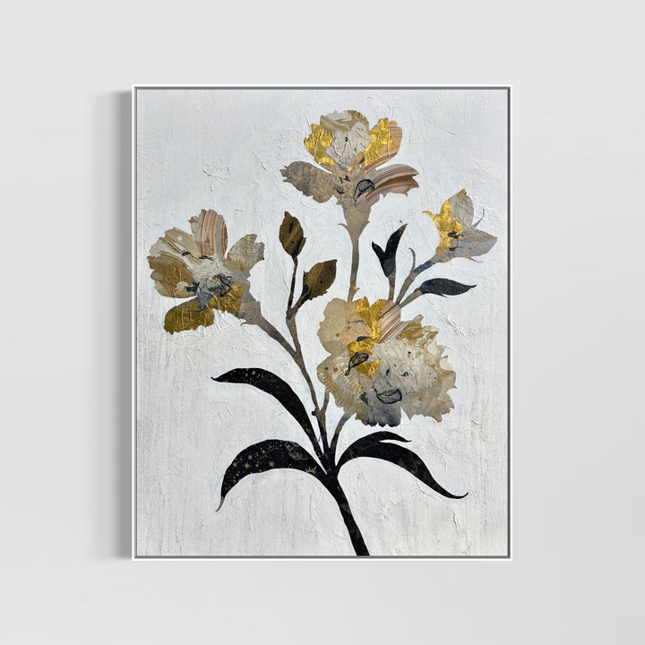 "Floral Profile" by Christopher Peter — a mixed-media collage painting on canvas depicting an elegant botanical stem of layered flowers crafted from gold leaf and marbled paper against a soft plaster-textured ivory background. Original contemporary mixed-media gold leaf botanical floral painting on canvas available at Morton Contemporary gallery.