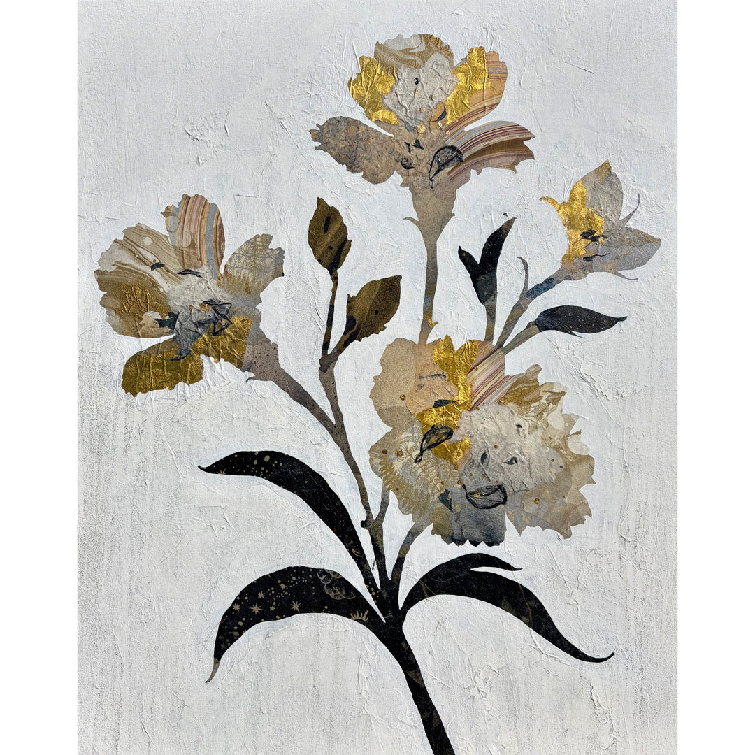 silhouette flower petals leaves in black and gold leave with abstract beige paint on textured white background mixed media collage painting