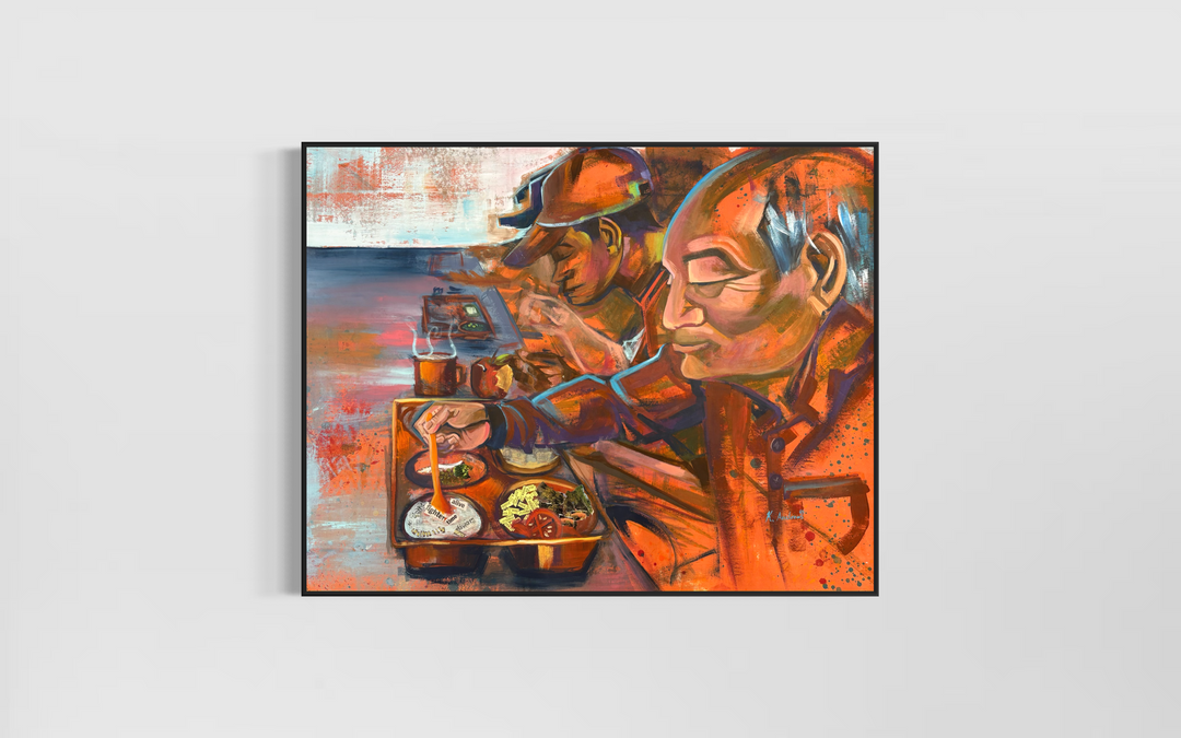 figure prison men eating food in orange jumpsuits cafeteria collage mixed media painting by keith andrews