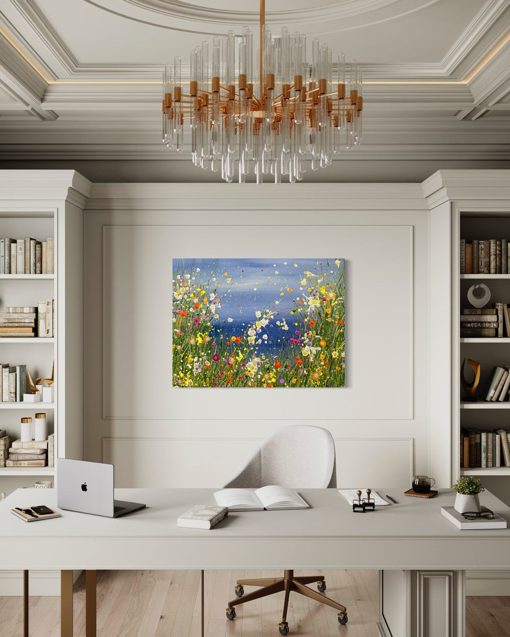 Face of Water by Eric Heitmann, 48"H x 36"W. Abstract florals in the foreground white, green, purple, pink, and orange with a light blue background. 
