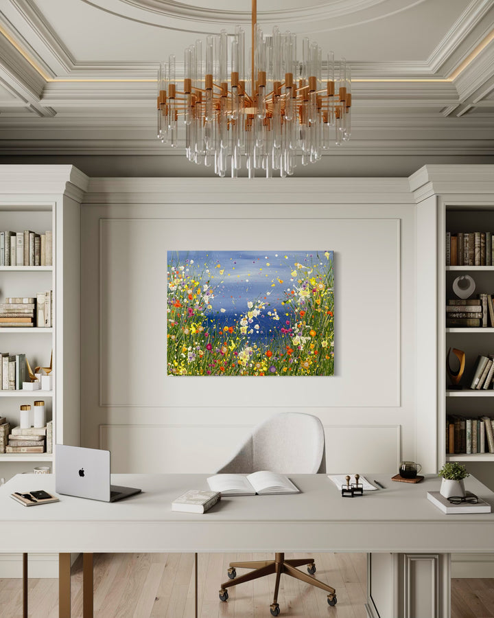 Face of Water by Eric Heitmann, 48"H x 36"W. Abstract florals in the foreground white, green, purple, pink, and orange with a light blue background. 
