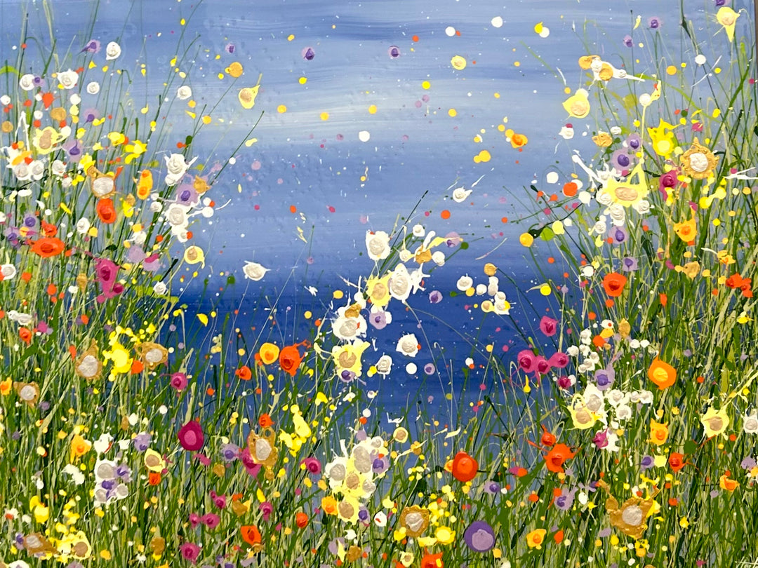 Face of Water by Eric Heitmann, 48"H x 36"W. Abstract florals in the foreground white, green, purple, pink, and orange with a light blue background. 