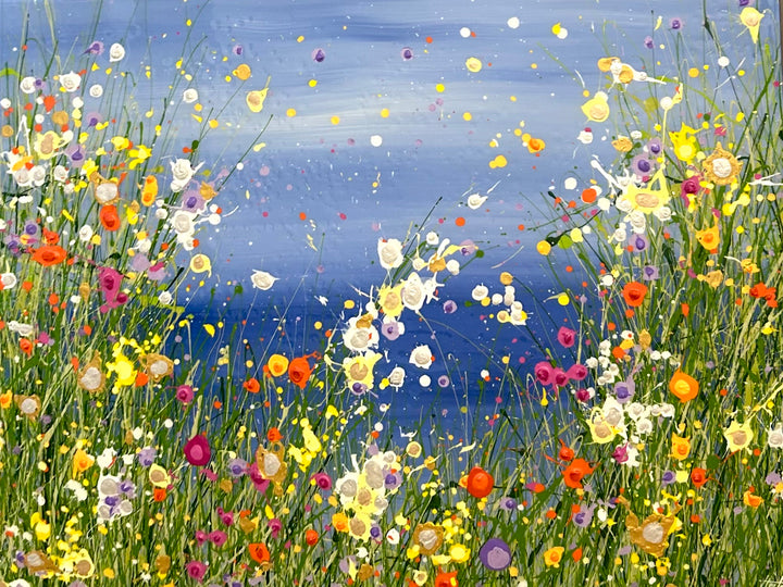 Face of Water by Eric Heitmann, 48"H x 36"W. Abstract florals in the foreground white, green, purple, pink, and orange with a light blue background. 