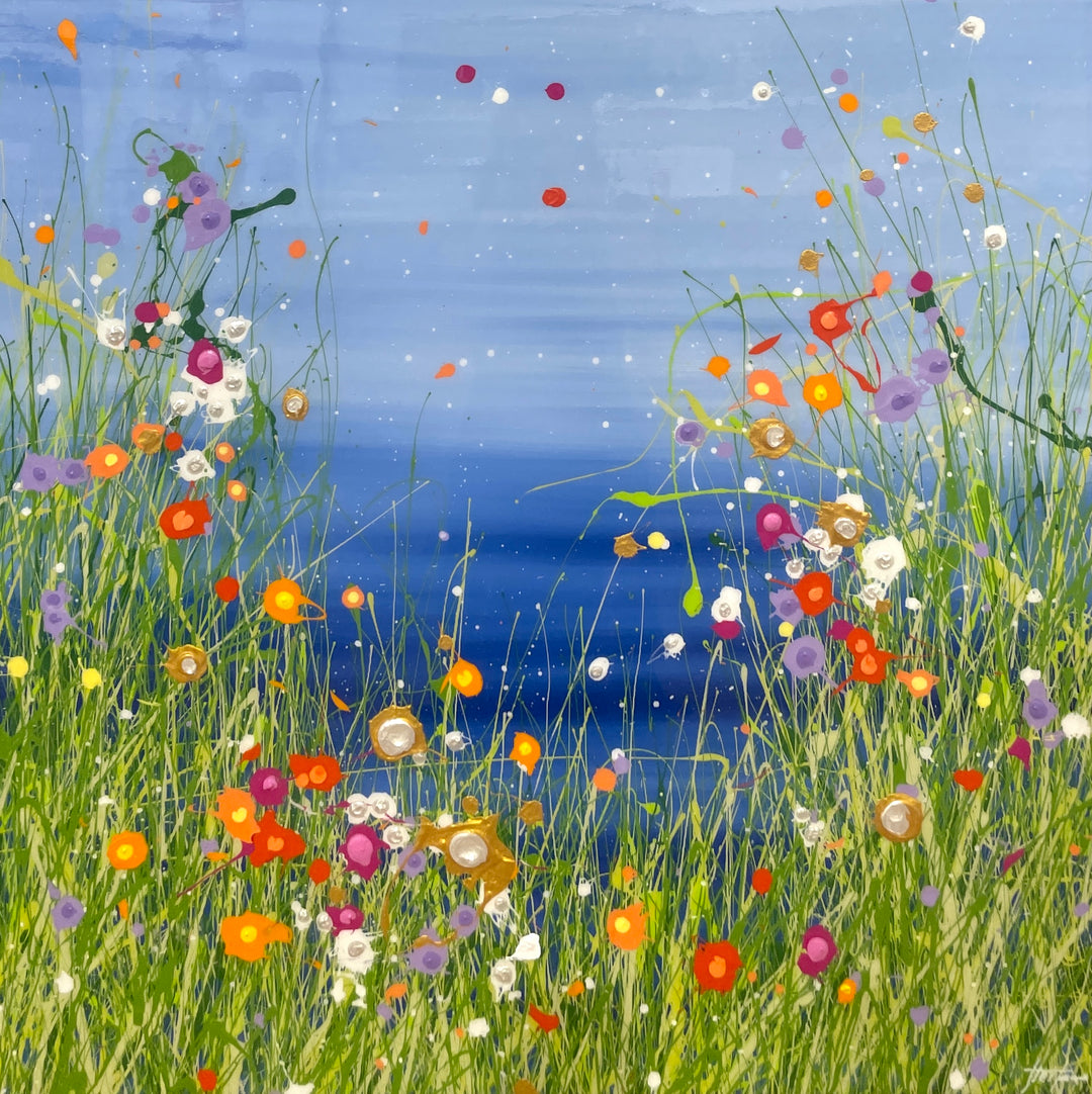 floral abstract landscape with splattered grass and flowers on blue gradient background