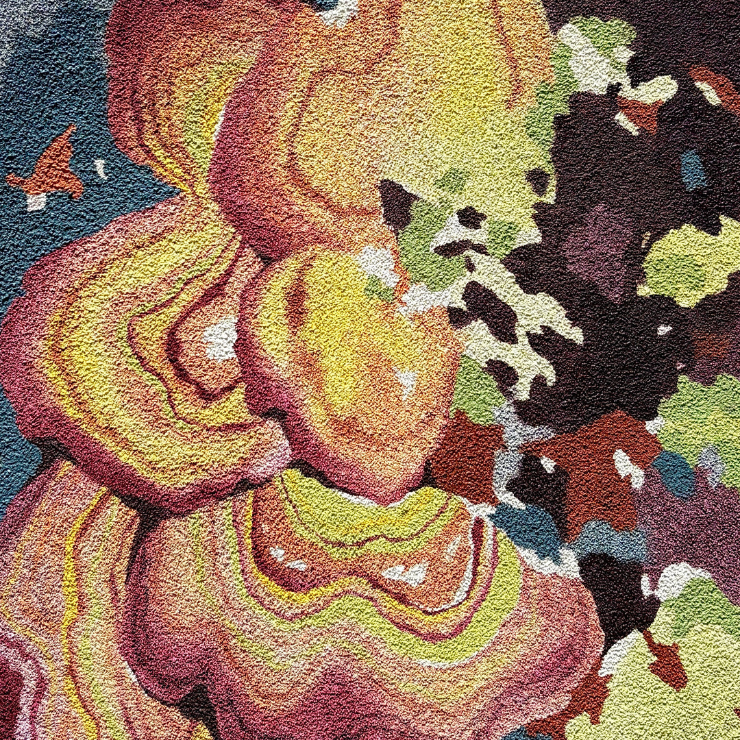 abstract textured blocks of color, gradient striped organic shapes in pink purple yellow and green with blue background oil on pumice 