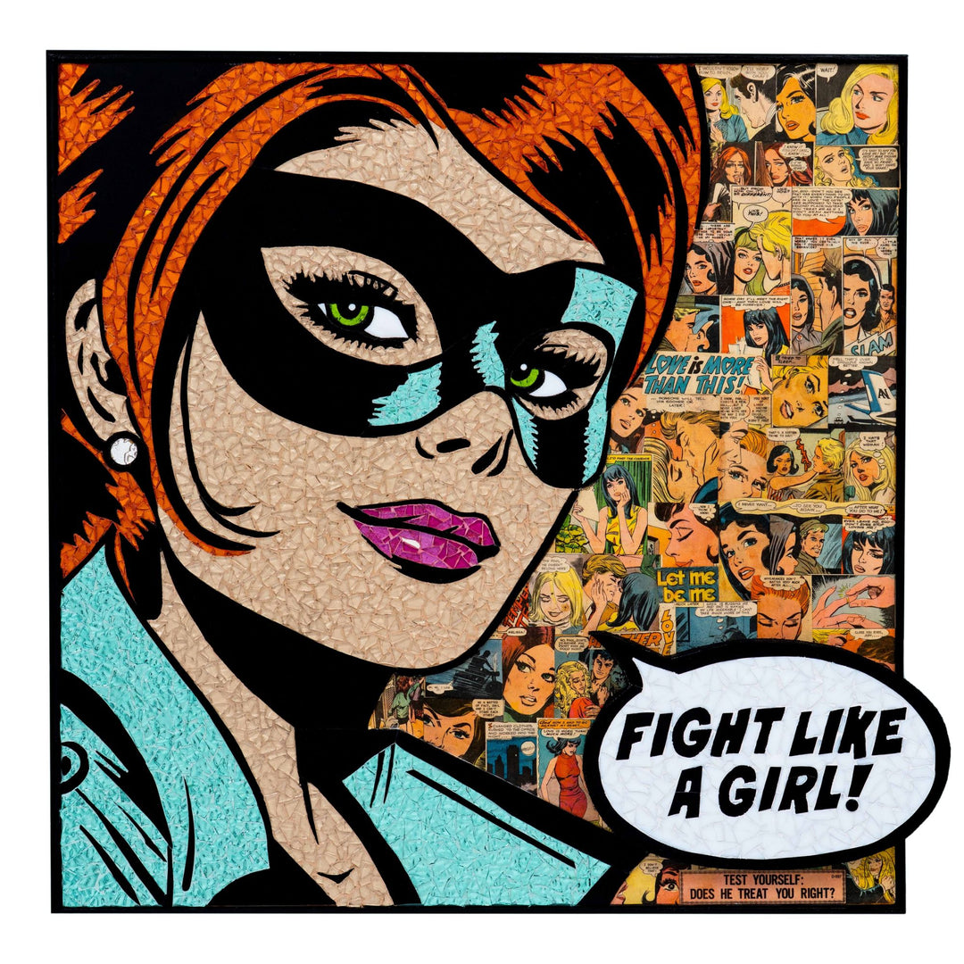 white woman with blue mask collared shirt and red hair on comic strip collage background stained glass mosaic