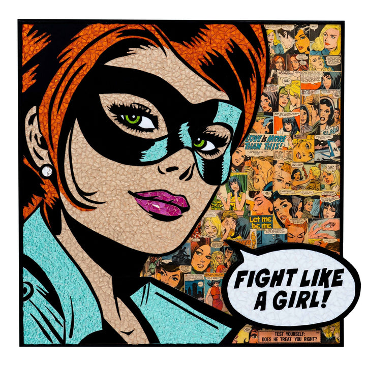 white woman with blue mask collared shirt and red hair on comic strip collage background stained glass mosaic