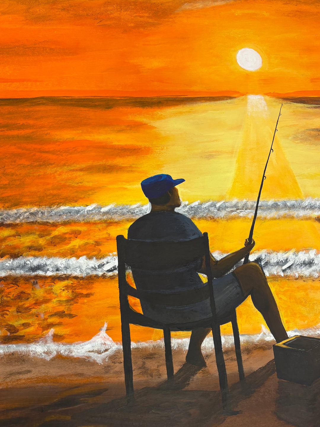 Sunset gradient man fishing ocean painting silhouette figurative orang and yellow