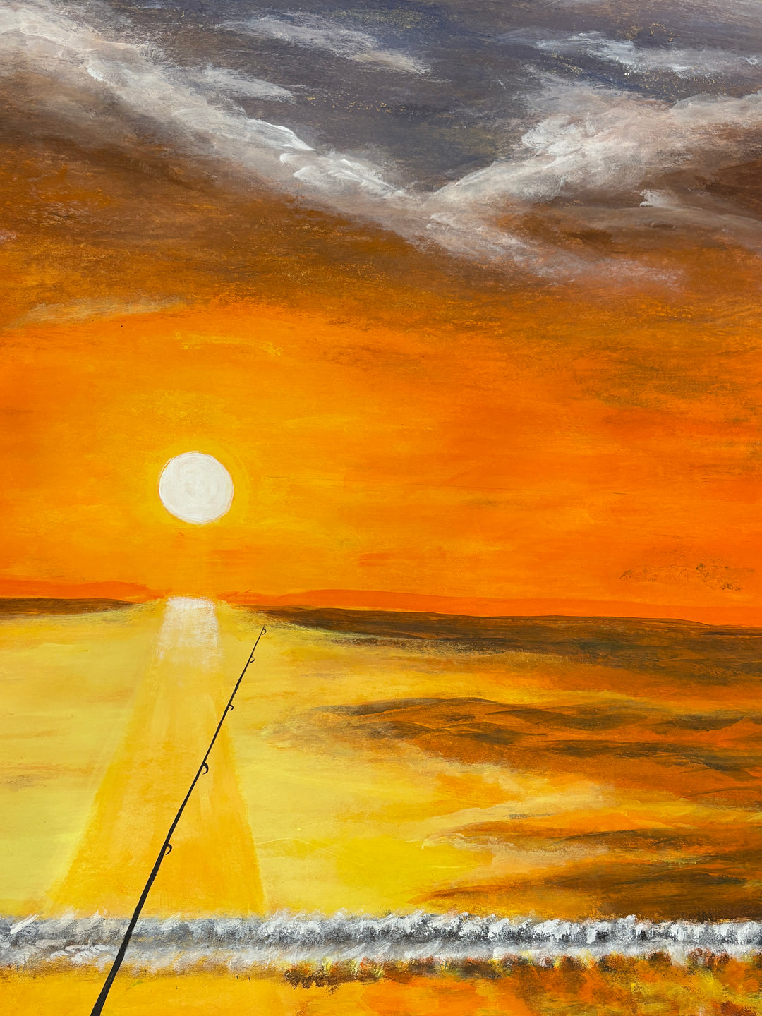 Sunset gradient man fishing ocean painting silhouette figurative orang and yellow