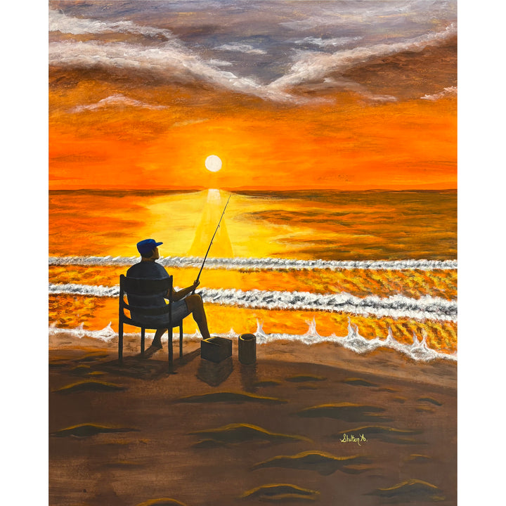 Sunset gradient man fishing ocean painting silhouette figurative orang and yellow