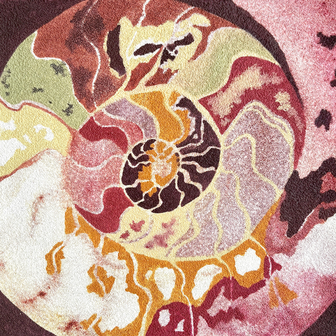 textured abstract fossil swirl with gradient background line work organic shapes in oil pink and brown 
