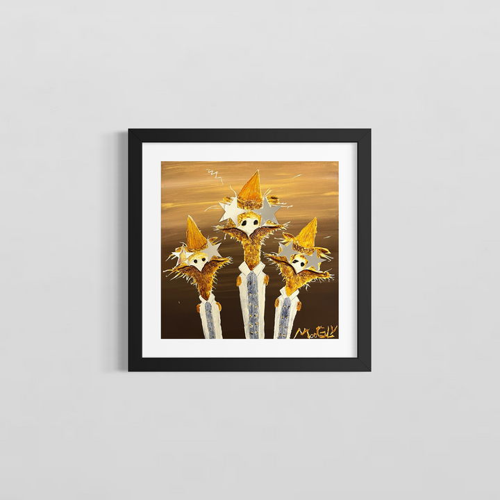 Founders by Moogly — framed semi-abstract humanimal painting showing three fantastical creatures in colonial attire, displayed in a black frame against a white wall