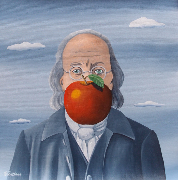"Franklin's Apple" by Italian artist Carlo Trevisan — a surrealist oil painting on canvas depicting Benjamin Franklin wearing his iconic round spectacles, a vivid red apple obscuring the lower half of his face against a Magritte-inspired cloudy blue sky. A witty reimagining of America's founding father blending historical portraiture with surrealist humor. Original contemporary surrealist Benjamin Franklin pop art painting on canvas available at Morton Contemporary gallery.
