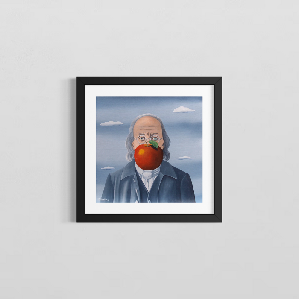 "Franklin's Apple" by Italian artist Carlo Trevisan — a surrealist oil painting on canvas depicting Benjamin Franklin wearing his iconic round spectacles, a vivid red apple obscuring the lower half of his face against a Magritte-inspired cloudy blue sky. A witty reimagining of America's founding father blending historical portraiture with surrealist humor. Original contemporary surrealist Benjamin Franklin pop art painting on canvas available at Morton Contemporary gallery.