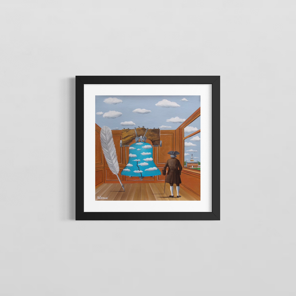 "Franklin's Room" by Italian artist Carlo Trevisan — a surrealist oil painting on canvas depicting Benjamin Franklin gazing at a sky-filled Liberty Bell in a colonial wood-paneled room. A giant quill pen stands nearby while Independence Hall is visible through the window, merging Philadelphia's most iconic landmarks in a richly layered, Magritte-inspired dreamscape. Original contemporary surrealist Philadelphia pop art painting on canvas available at Morton Contemporary gallery.