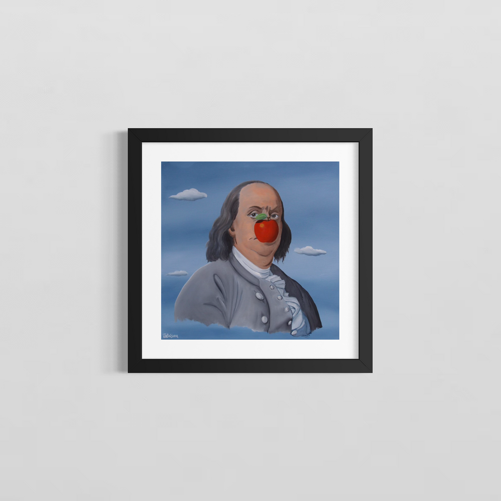 "Franklin's Think" by Italian artist Carlo Trevisan — a surrealist oil painting on canvas depicting Benjamin Franklin in 18th-century attire with a vivid red apple replacing his nose, set against a Magritte-inspired blue sky with floating clouds. The witty, thought-provoking composition blends historical portraiture with surrealist humor. Original contemporary surrealist pop art painting on canvas available at Morton Contemporary gallery.
