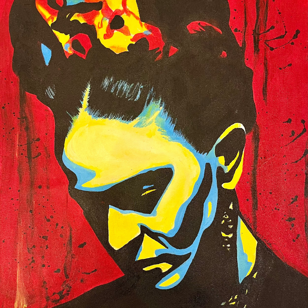 "Frida" by US-based artist Suave Gonzalez, an expressive acrylic on canvas portrait of iconic Mexican artist Frida Kahlo, depicted with her signature floral crown rendered in vivid yellow and red, her face illuminated in bold strokes of yellow and blue against a deep black silhouette and a rich red background. Dynamic paint splatters add raw energy to this powerful tribute to one of art history's most celebrated figures. A striking figurative painting presented by Morton Contemporary Gallery.