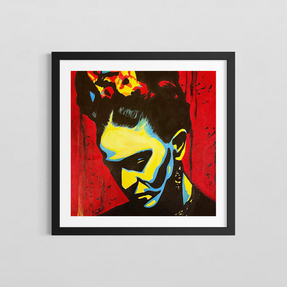 "Frida" by US-based artist Suave Gonzalez, an expressive acrylic on canvas portrait of iconic Mexican artist Frida Kahlo, depicted with her signature floral crown rendered in vivid yellow and red, her face illuminated in bold strokes of yellow and blue against a deep black silhouette and a rich red background. Dynamic paint splatters add raw energy to this powerful tribute to one of art history's most celebrated figures. A striking figurative painting presented by Morton Contemporary Gallery.