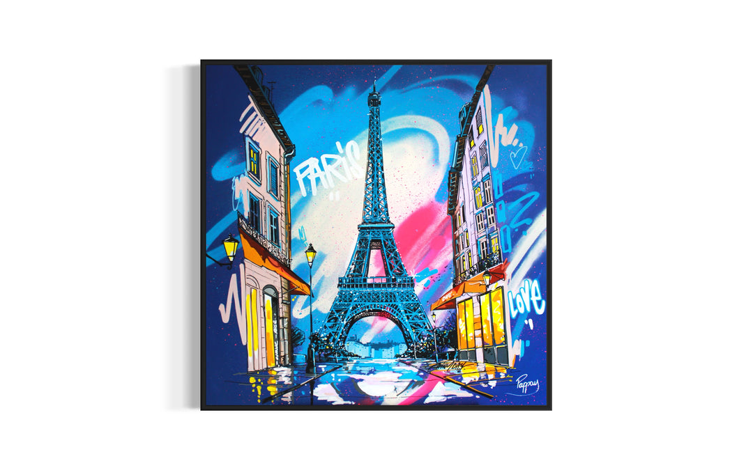 "From Paris with Love" by Pappay — a vibrant street art-inspired painting on canvas depicting the Eiffel Tower framed by a Parisian boulevard with glowing cafés and street lamps, surrounded by explosive blue, pink, and white graffiti lettering reading "Paris" and "Love" against a deep cobalt sky. A bold, romantic celebration of Paris. Original contemporary Paris Eiffel Tower street art pop art painting on canvas available at Morton Contemporary gallery.