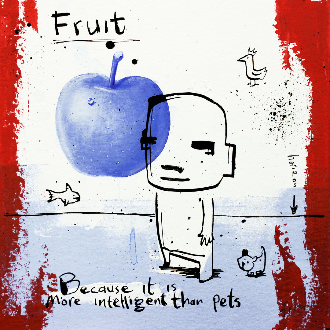 Jan-Hein Arens satirical ink and acrylic doodle comic drawing painting in blue and red with black ink text and figure with dog apple and fish